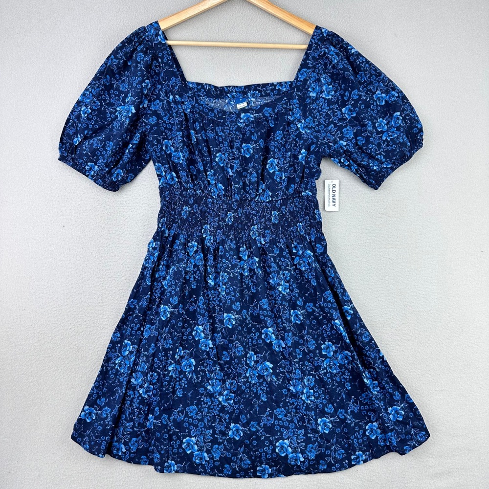 Old Navy Dress Womens S Blue NWT Puff Sleeve‎ Floral Square Neck Short Prairie